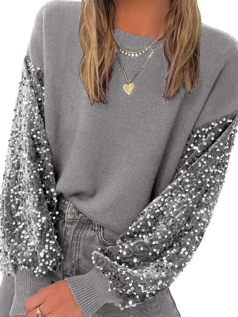 Sparkly Sequin Crewneck Long Sleeve Casual Pullover Sweater for Women